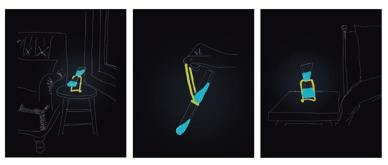 Three photos for a sketch of a self-regenerating water-based lamp. The background is black, with white lines. The only color on the sketch is for the lamp, which is yellow and blue.