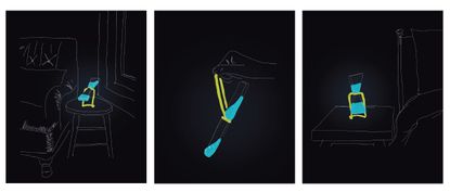 Three photos for a sketch of a self-regenerating water-based lamp. The background is black, with white lines. The only color on the sketch is for the lamp, which is yellow and blue.