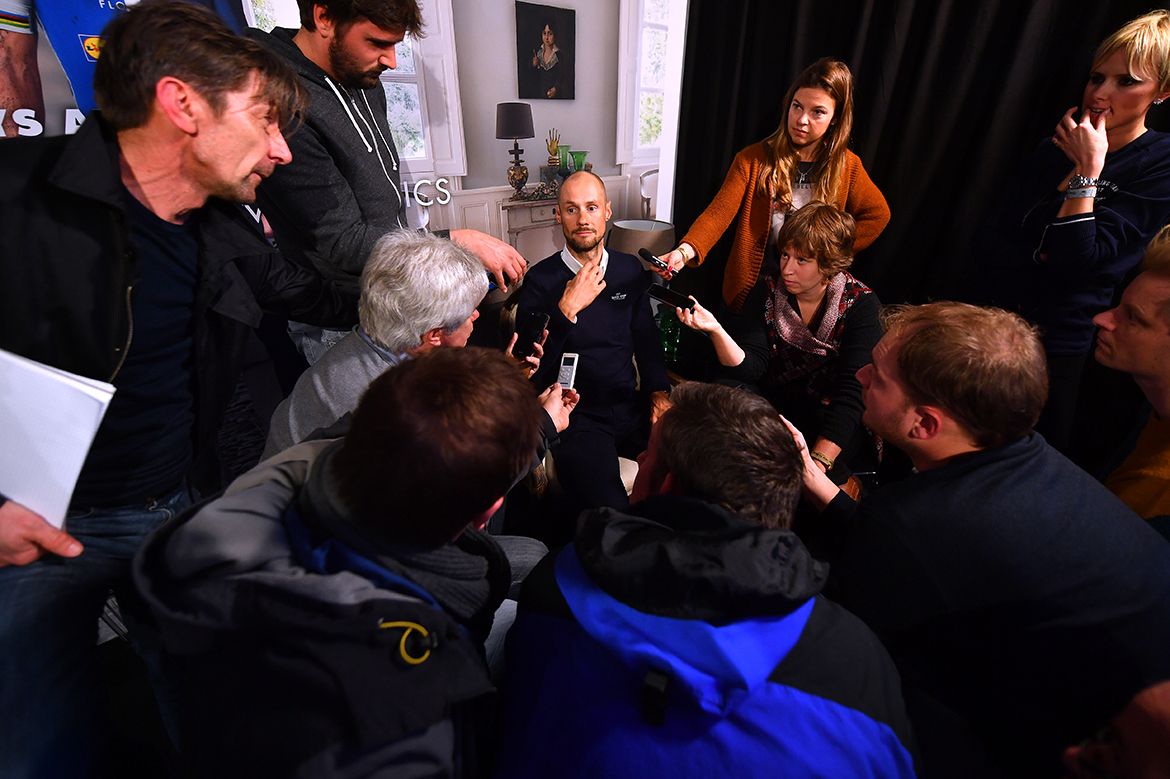 Tom Boonen surrounded by media at the Quick-Step Floors team presentation