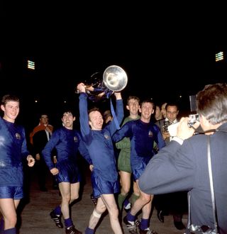 Nobby Stiles celebrates Mancheser United's European Cup final victory over Benfica in 1968