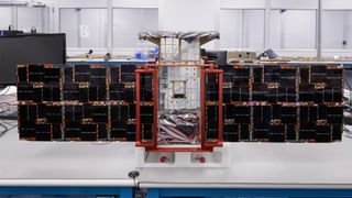 NASA's CAPSTONE moon cubesat with its solar panels unfolded.