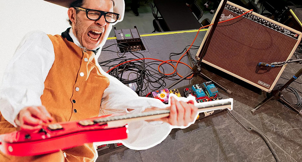 Paul Gilbert wears a tricorn hat and plays his pink Ibanez &ndash;&nbsp;a photo in the background reveals his WROC rig, with a Fender Tone Master Twin reverb assuming pride of place.