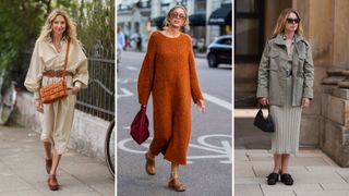 street style shots showing how to style birkenstocks clogs with a dress
