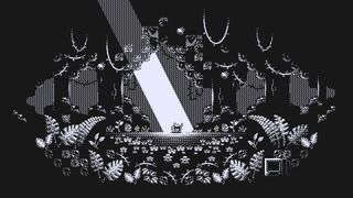 a black and white pixelated robot in a cave with lush plants