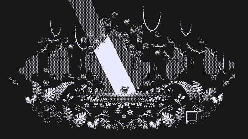 a black and white pixelated robot in a cave with lush plants