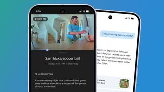 Two phones on a green and blue background showing Gemini for Home