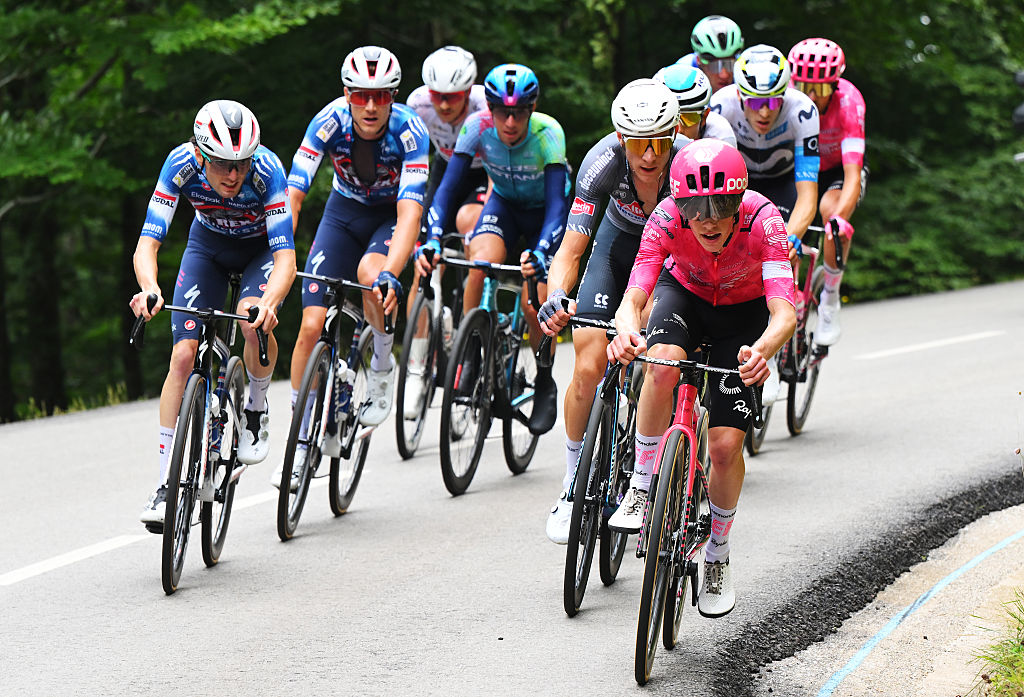 PAL, ANDORRA - AUGUST 28: (L-R) Gianmarco Garofoli of Italy and Team Soudal Quick-Step, Ramses Debruyne of Belgium and Team Alpecin - Deceuninck and Archie Ryan of Ireland and Team EF Education - EasyPost compete in the breakaway during the La Vuelta - 80th Tour of Spain 2025, Stage 6 a 170.3km stage from Olot to Pal - Andorra 1900m / #UCIWT / on August 28, 2025 in Pal, Andorra. (Photo by Tim de Waele/Getty Images)