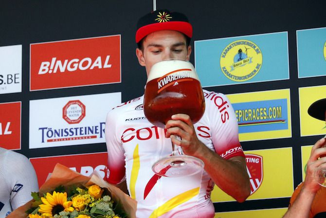 Cofidis stagiaire Attilio Viviani enjoys the spoils of victory at Schaal Sels