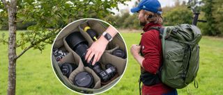 Man wearing the PGYTech OnePro Focux Backpack in a green space, with a roundel showing the main compartment of the bag