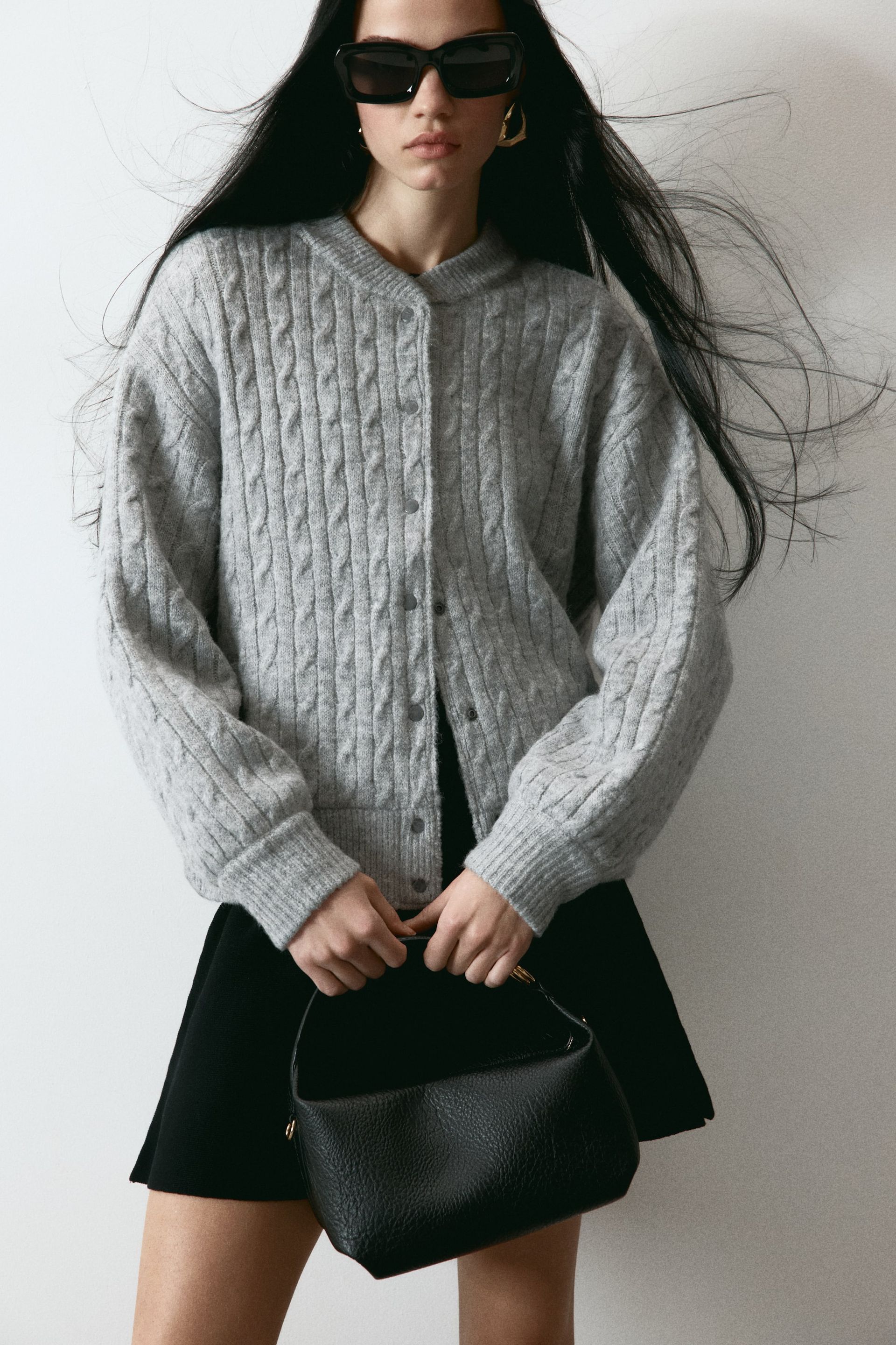 Cable-Knit Bomber Jacket - Navy Blue