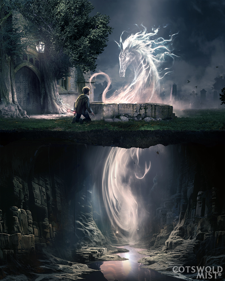 Cotswold Mist; a ghostly horse emerges from a river under a stone bridge