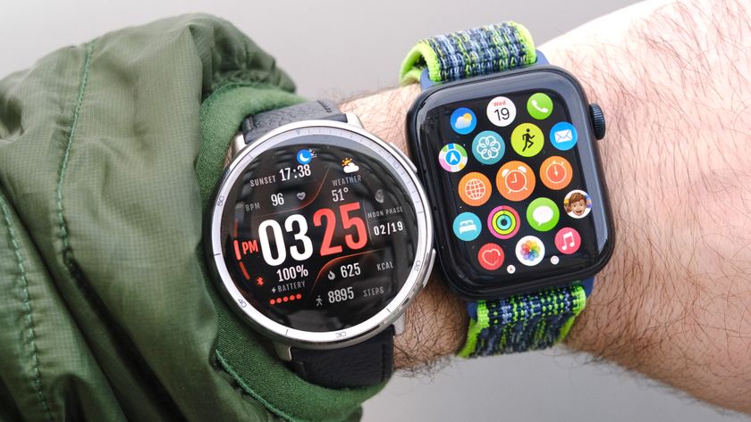 Close-up of the Amazfit Active 2 and Apple Watch SE next to each other on a user&#039;s wrist