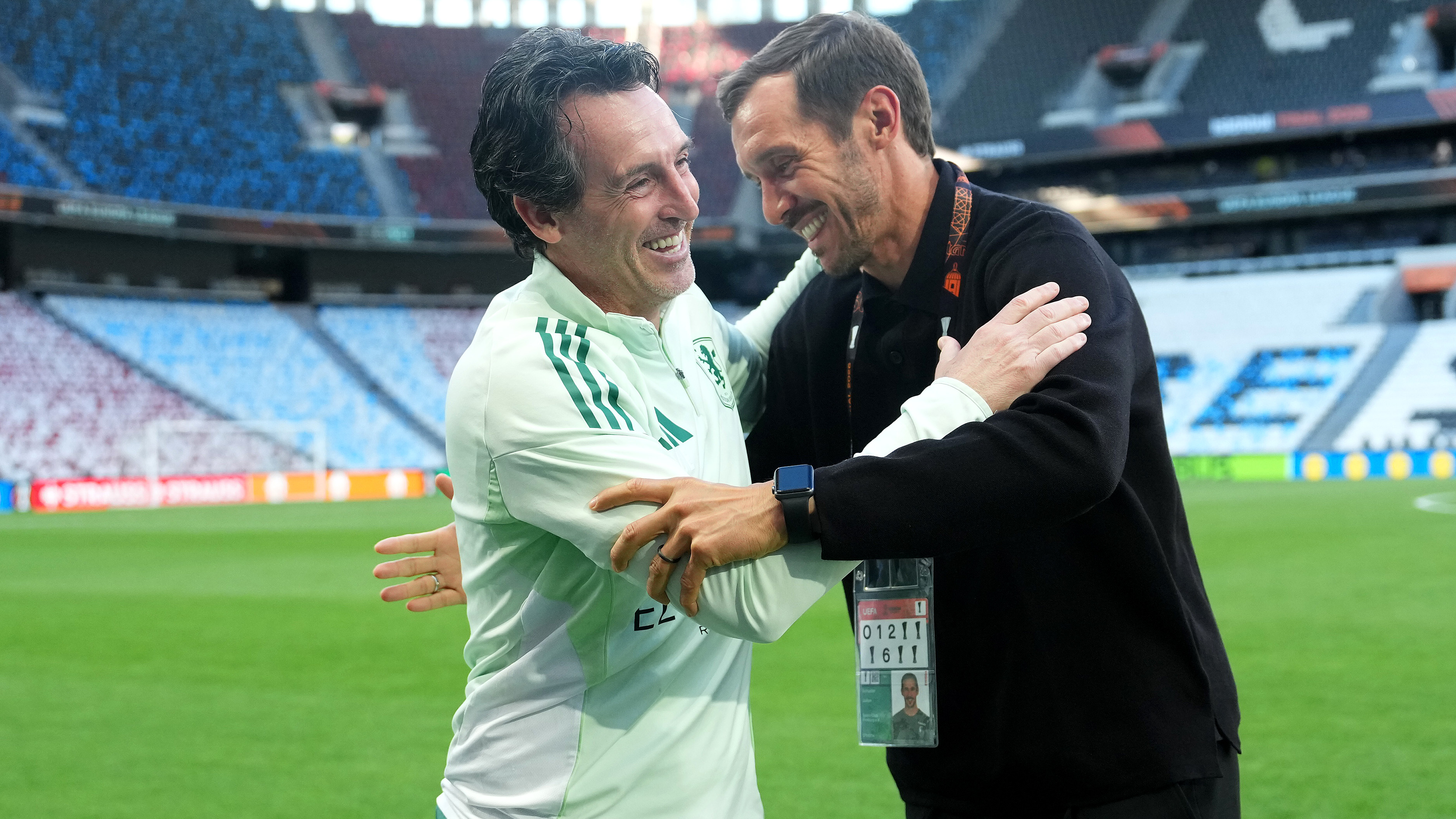 Unai Emery, Manager of Aston Villa, and Julian Schuster, Head Coach of Sport-Club Freiburg