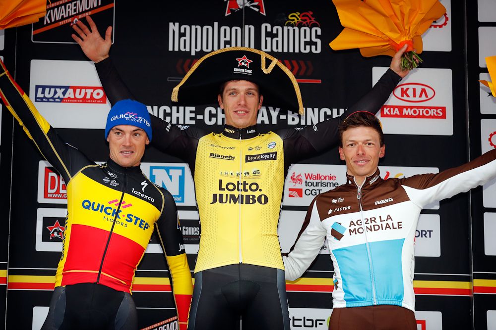 Yves Lampaert (Quick - Step Floors), Danny van Poppel (Lotto Nl - Jumbo) and Oliver Naesen (Ag2R La Mondiale) on the Binche-Chimay-Binche podium