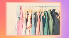 clothing rack filled with summer clothes on a peachy background