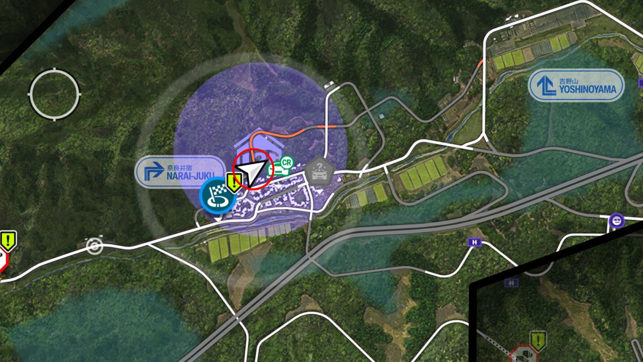 Forza Horizon 6 Barn Finds: A zoomed-in map with a red circle showing the location of the Barn Find vehicle within the purple search area.