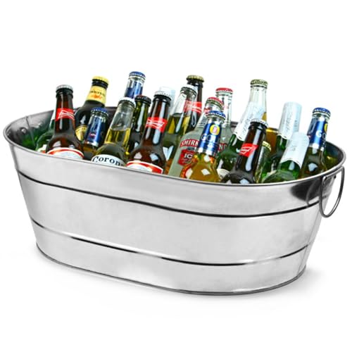 Drinkstuff Galvanised Steel Oval Ice Bucket &amp;ndash; Large 25-Bottle Drinks Cooler Tub With Handles for Parties, Bbqs &amp;amp; Outdoor Bars &amp;ndash; Beer, Wine &amp;amp; Champagne Cooler for Home Entertaining