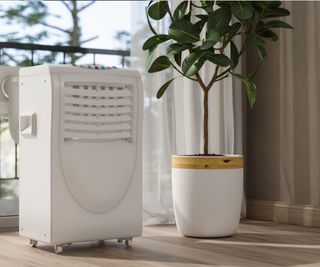 A dehumidifier in a room by a tree