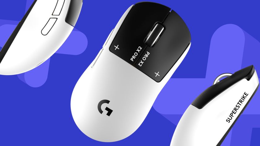 Logitech G Pro X2 Superstrike gaming mouse on a blue background