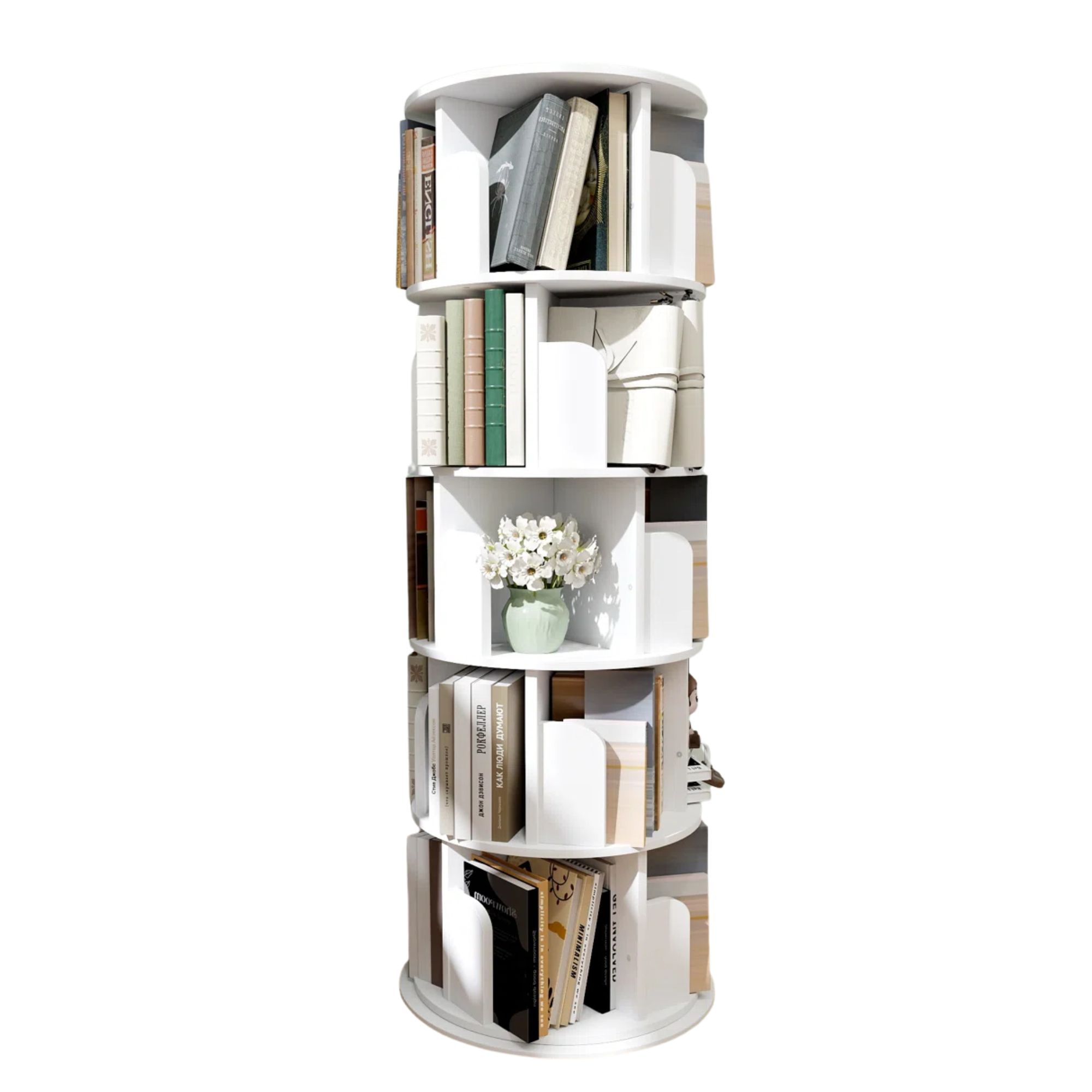 White rotating bookshelf