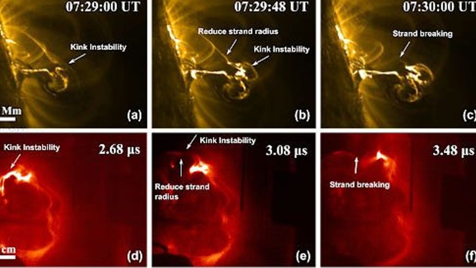 Um diagrama comparando explosões solares reais (topo) com as artificiais (abaixo).(Crédito da imagem: Bellan Lab/Caltech)