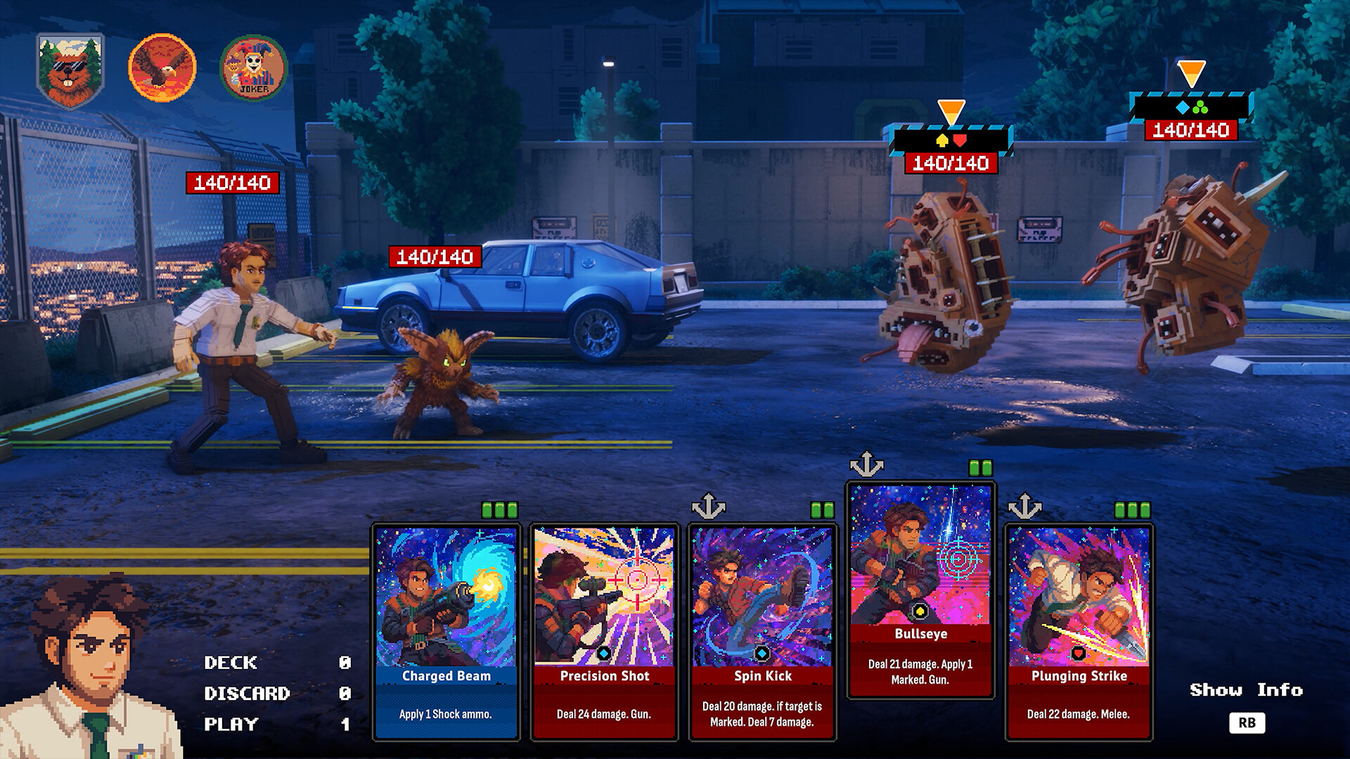 A video game battle screen shows a character and creature facing off against two robotic enemies in a parking lot at night. Cards below indicate attack options.