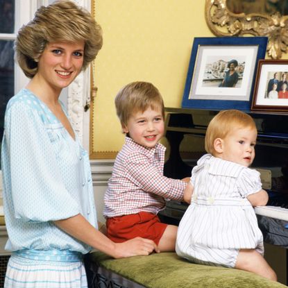 Princess Diana wearing a blue dress posing with baby Prince Harry and toddler Prince William sitting a piano covered with framed family photos