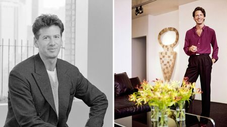 a split screen image with calvin klein in his new york apartment in black and white on the left and again on the right
