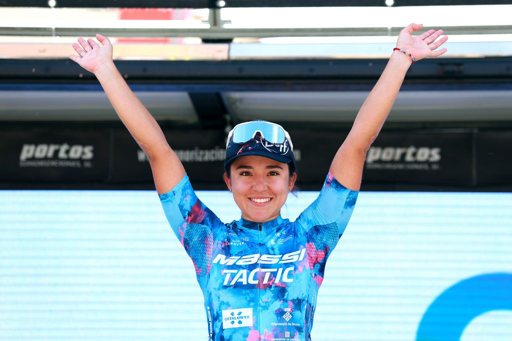 ARANDA DE DUERO SPAIN MAY 19 Andrea Ramrez Fregoso of Mexico and Massi Tactic Women Team celebrates on the podium ceremony after the 7th Vuelta a Burgos Feminas 2022 Stage 1 a 1219km stage from Pedrosa del Prncipe to Aranda de Duero VueltaBurgos BurgosFem on May 19 2022 in Aranda de Duero Spain Photo by Gonzalo Arroyo MorenoGetty Images