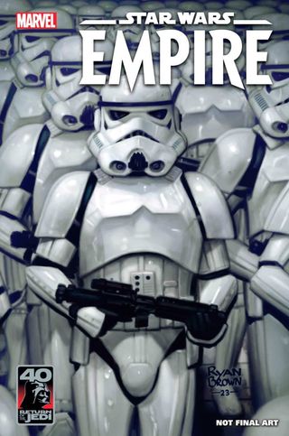 Cover art from "Star Wars: The Empire #1" depicting a group of Stormtroopers standing at attention in rows