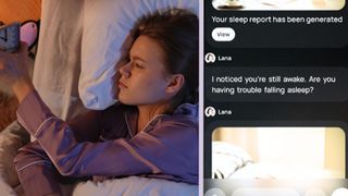 A woman with insomnia checks her alarm clock, which displays the time of 2am. Beside her, there is a screenshot of a sleep-tracking apps's AI assistant asking her if she is having trouble sleeping.