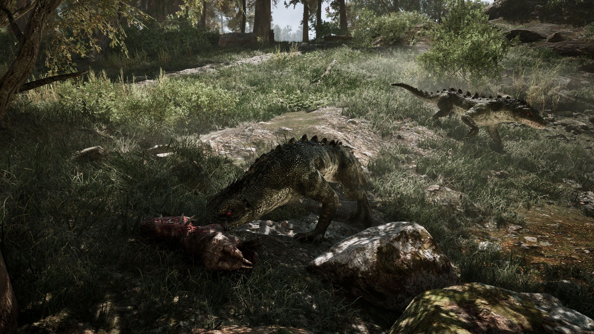 Giant lizards, one feasting on its prey