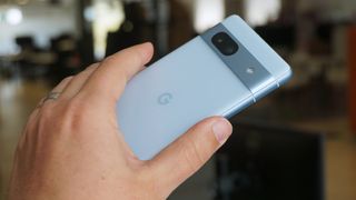 Google Pixel 7a review back angled handheld