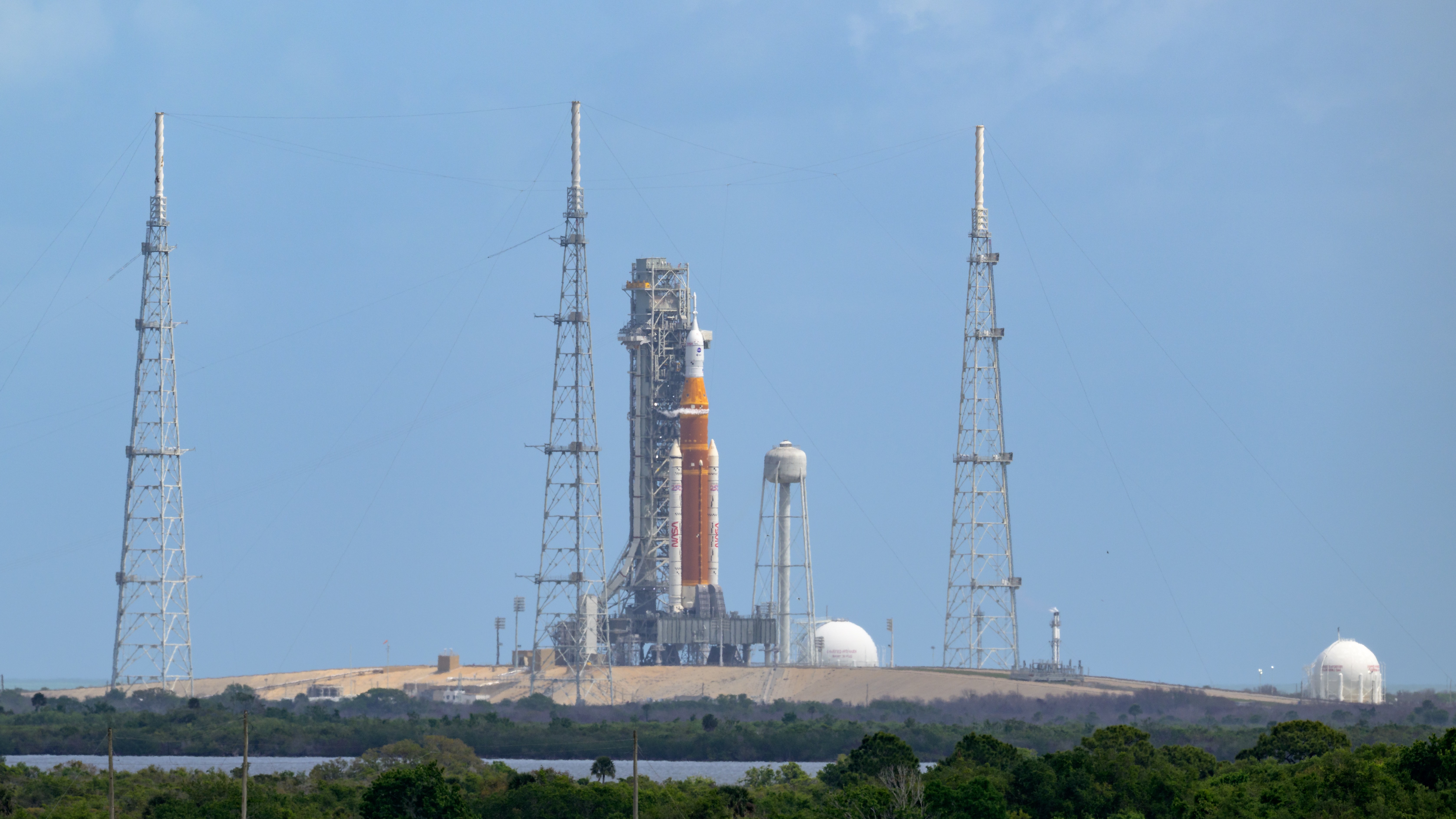 Artemis II stands on the launch pad.