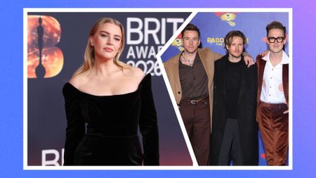 Two images spliced together against a purple background. From L-R the pictures show: Self Esteem attending The BRIT Awards 2026, and McFly attending the premiere of Paddington the Musical