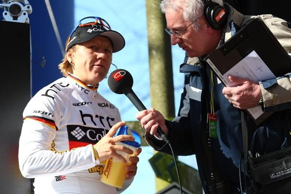 Ina Yoko Teutenberg (HTC - Columbia Women) gives a radio interview whilst waiting for the podium ceremony.