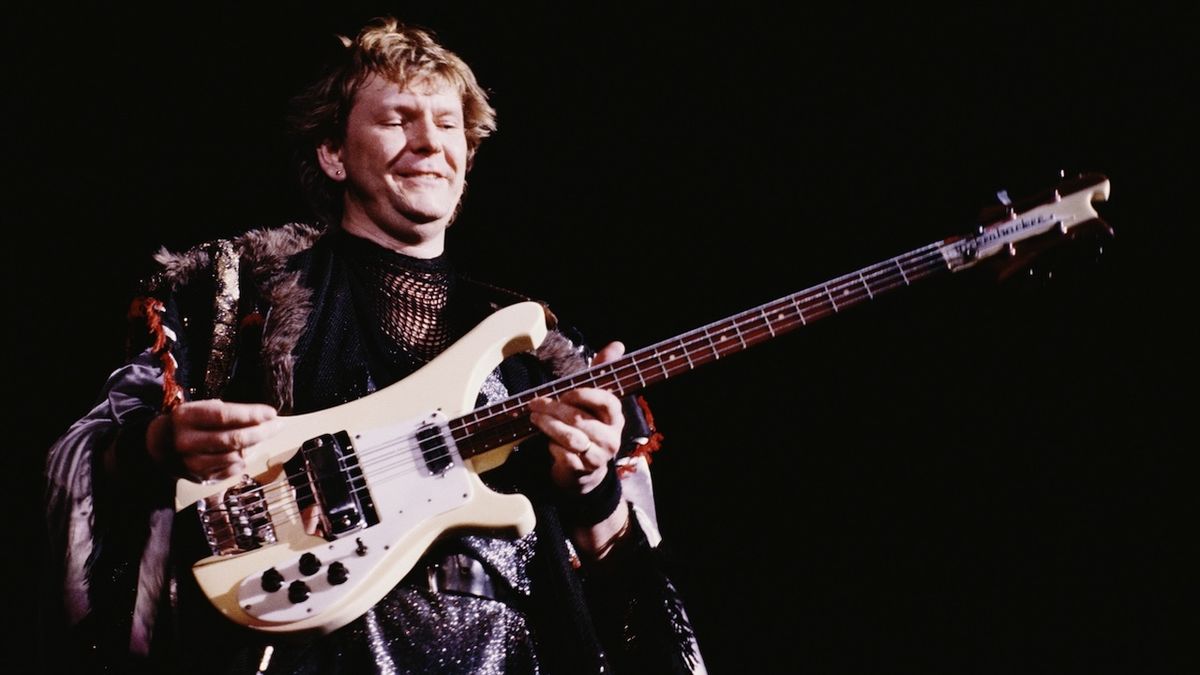 Bassist Chris Squire performing with English progressive rock group Yes, 1984.