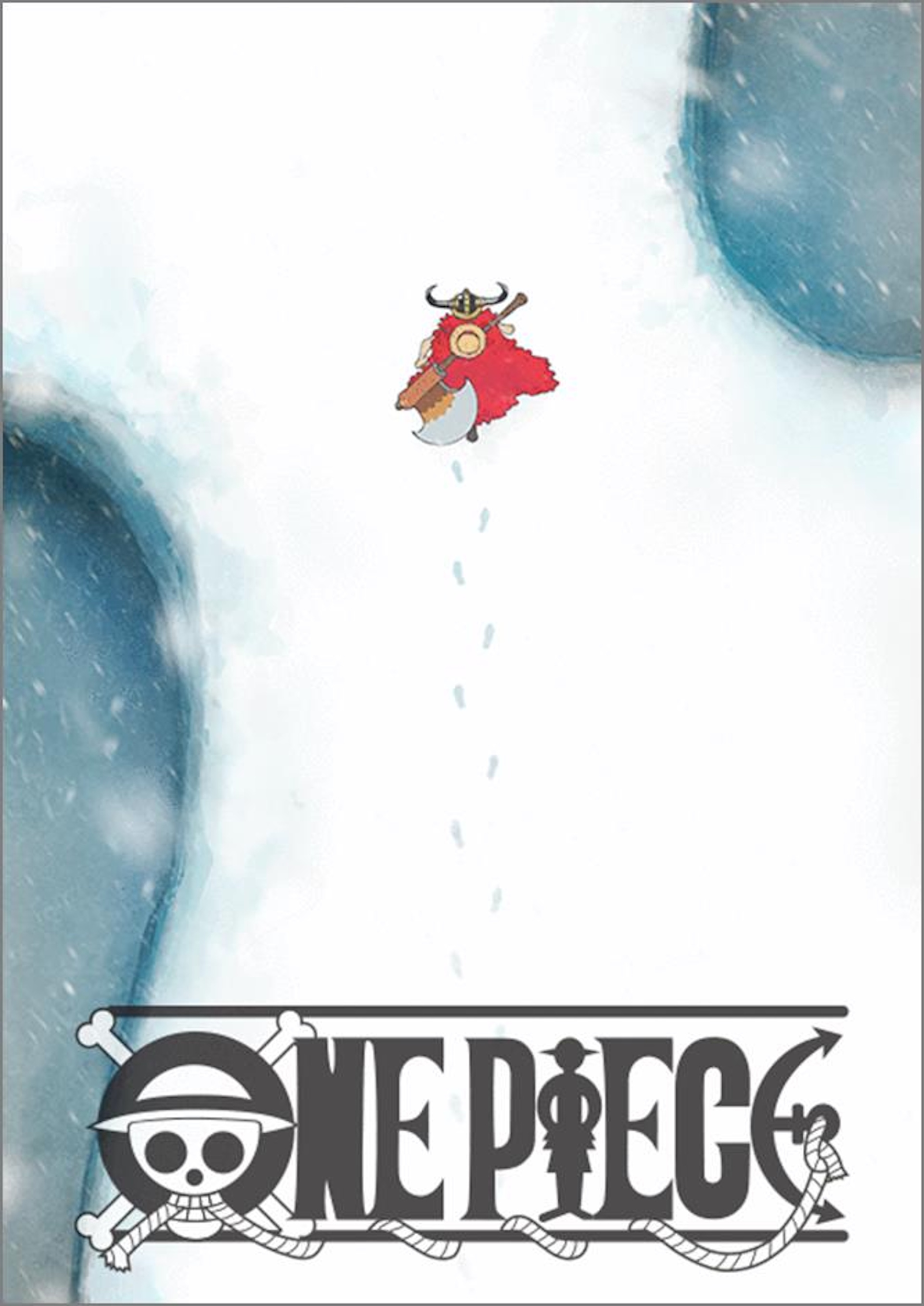 One Piece anime teaser art of Luffy in a red cloak in a snowfield