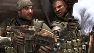 Battlefield Bad Company screenshot with two soldiers, one of which is pointing out a target to the second