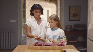 (L-R) Carla Díaz as Teodora and Naila Schuberth as Alba on the set of Delicious