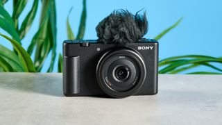 A black Sony ZV-1F compact vlogging camera