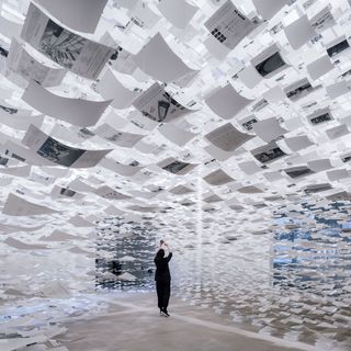 Uncertainty is the Spanish Pavilion at the 2021 Venice architecture biennale, seen here with its hanging sheets of paper installation