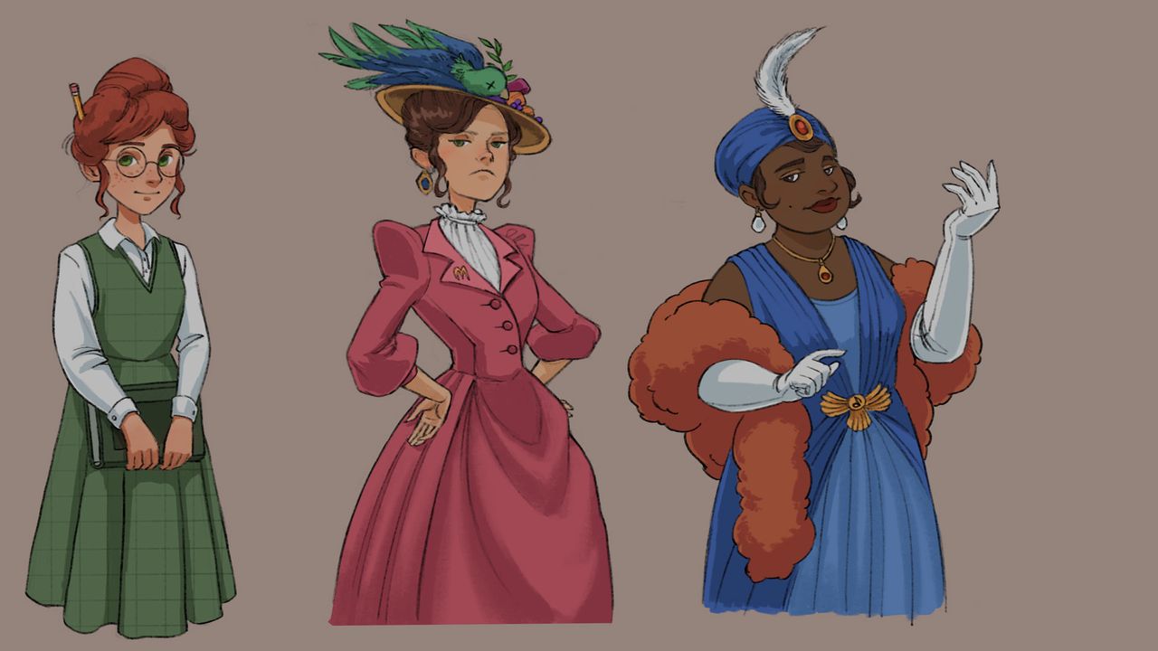 Character designs of ladies in dresses