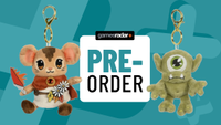 preorder[ image on aqua background, plushies of MTG Bloomburrow mabel, a mouse soldier