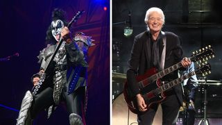 Left-Gene Simmons of Kiss performs on stage during a concert at the Rod Laver Arena on August 20, 2022 in Melbourne Australia; Right-Jimmy Page performs onstage during the 38th Annual Rock & Roll Hall Of Fame Induction Ceremony at Barclays Center on November 03, 2023 in New York City