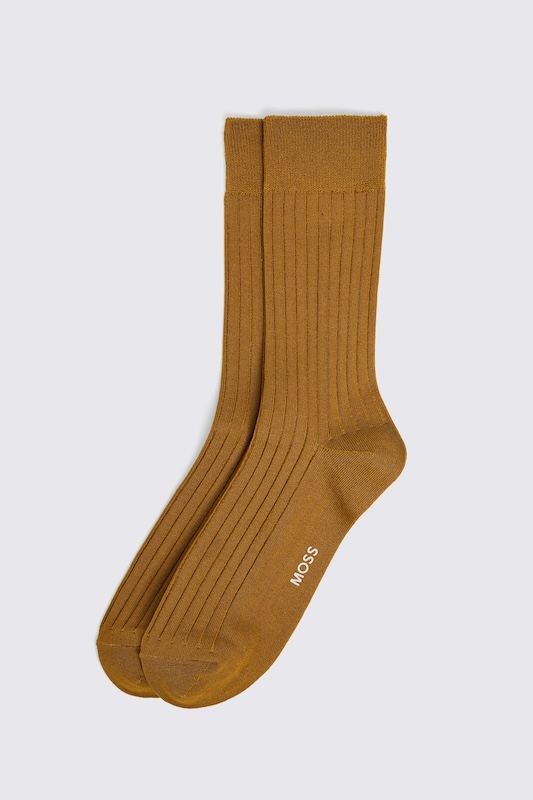 Mustard socks with the word Moss on the bottom in white