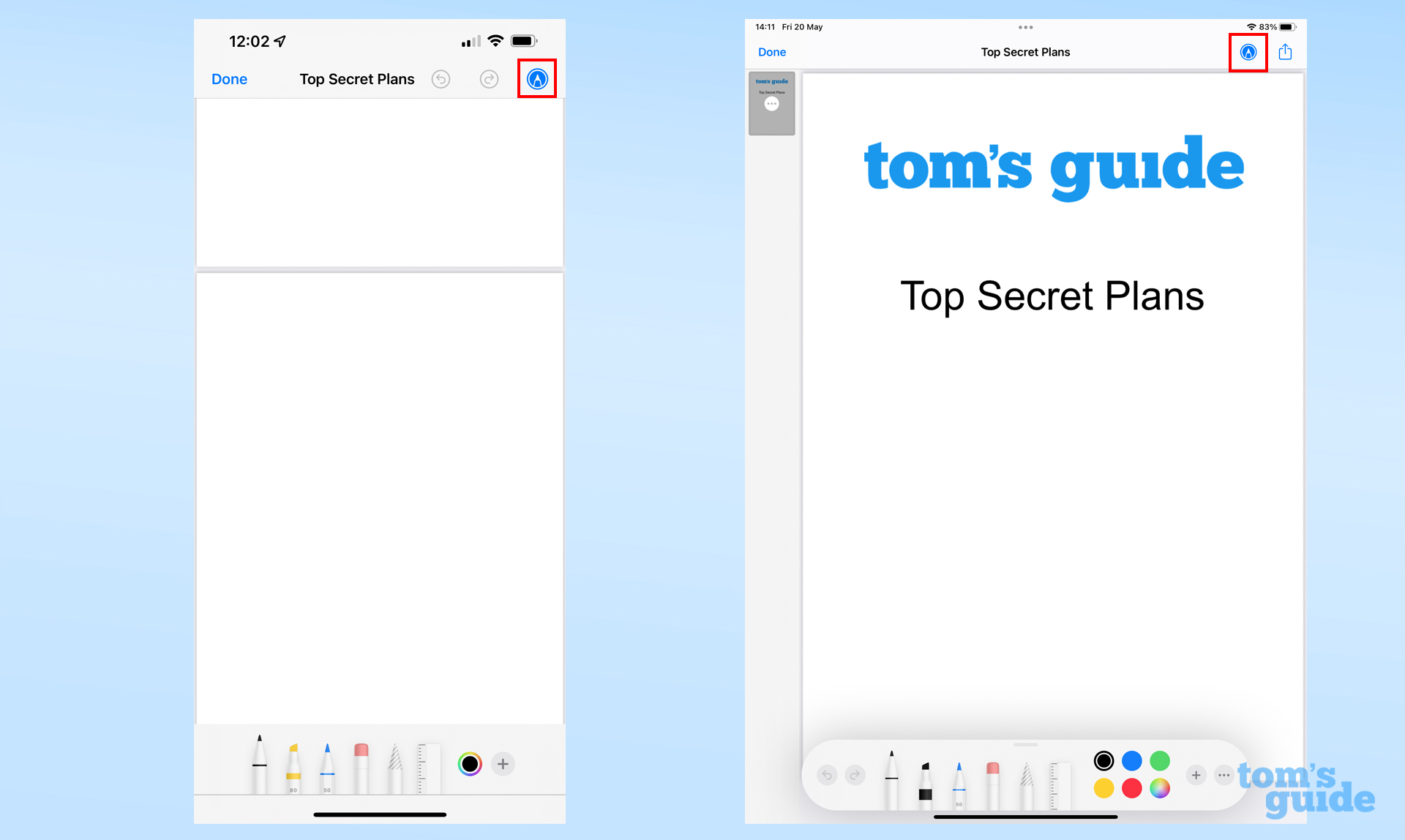 A screenshot from an iPhone and an iPad side-by-side, showing, showing the Markup tools