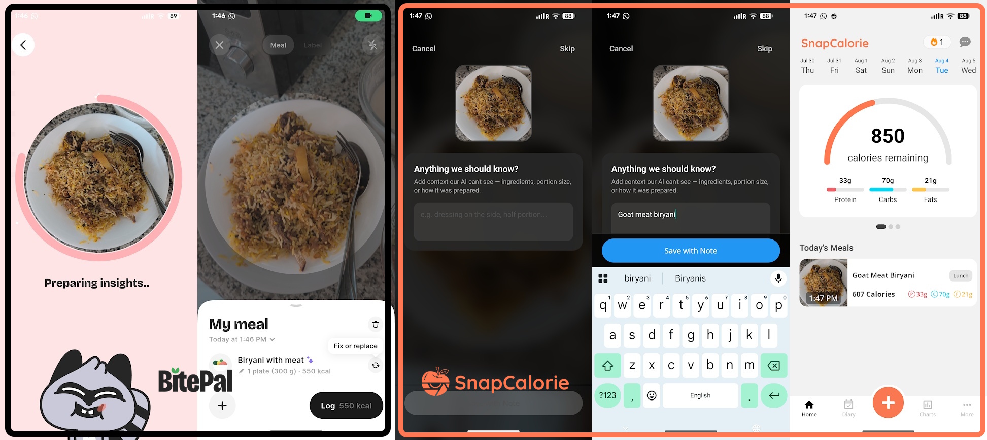 BitePal vs. SnapCalorie AI calorie tracking