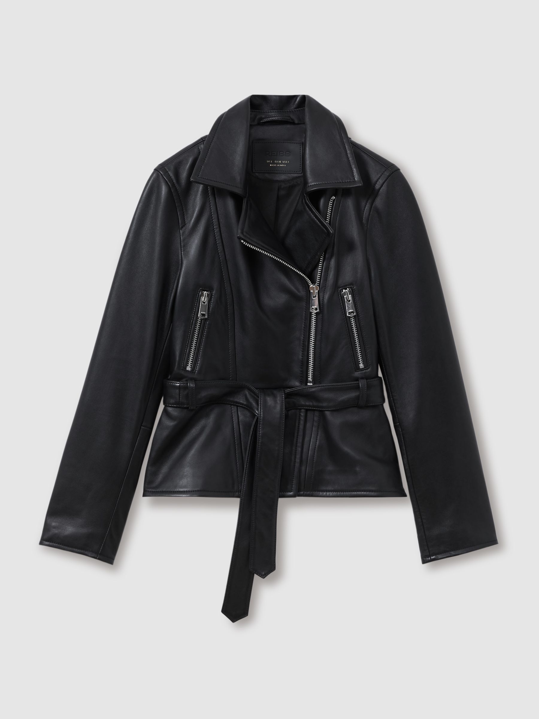 Febe Black Belted Leather Jacket