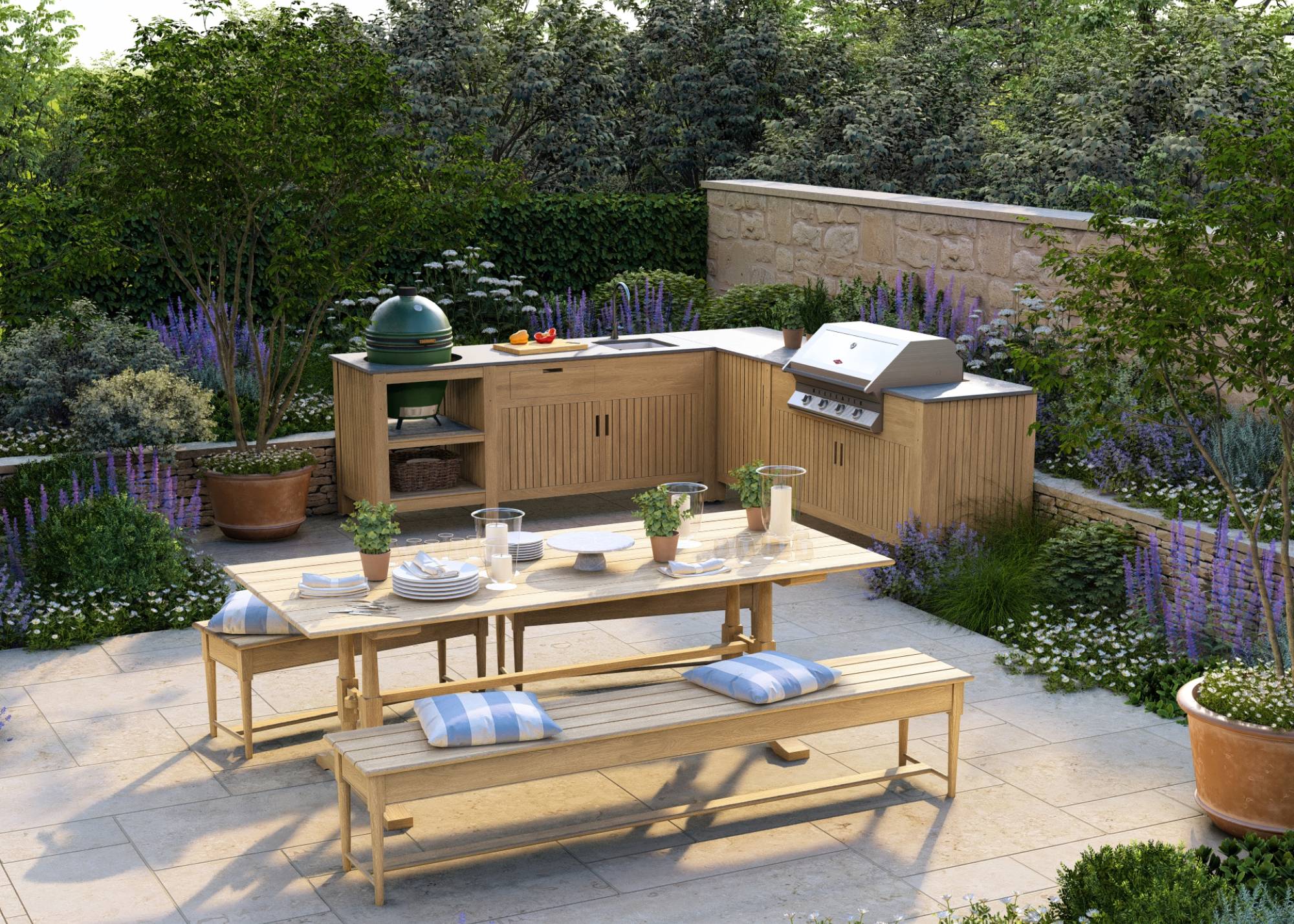 wooden outdoor kitchen with large dining table